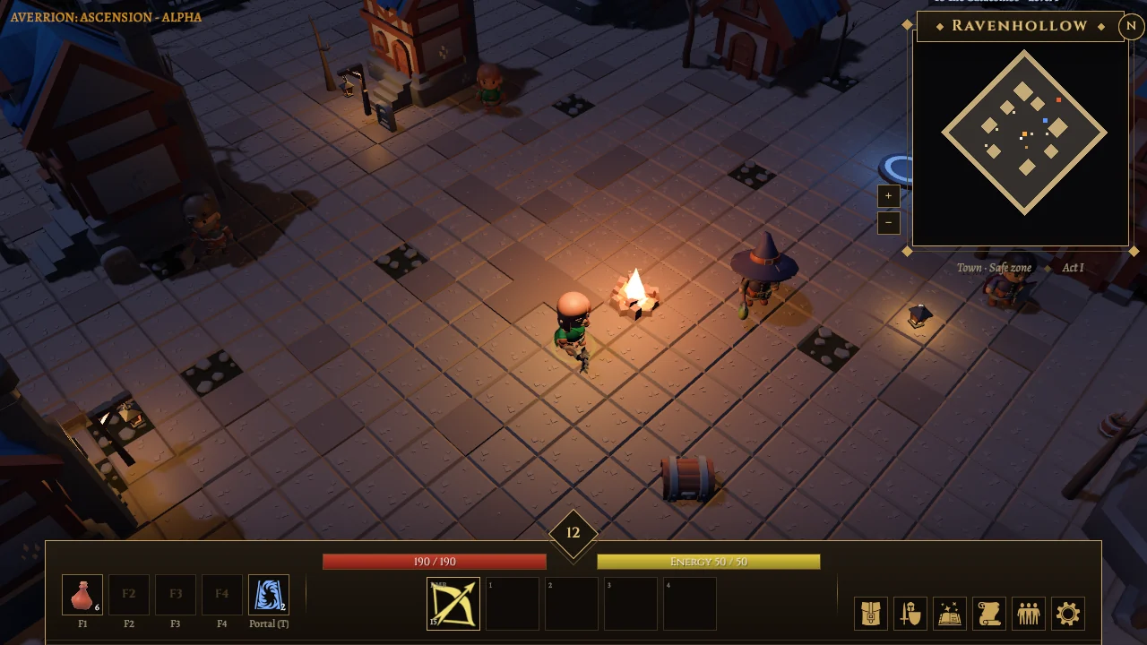 A ranger in Ravenhollow at night, by the town's campfire