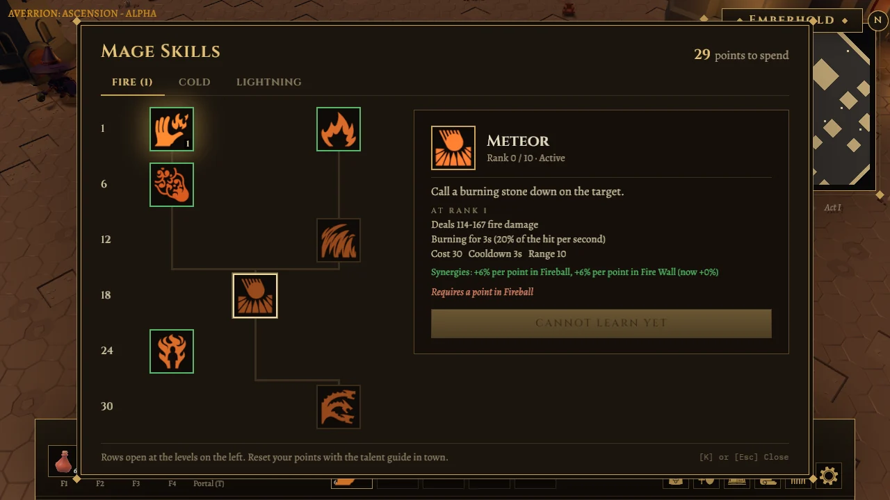The mage's Fire skill tree, with Meteor's details and synergies